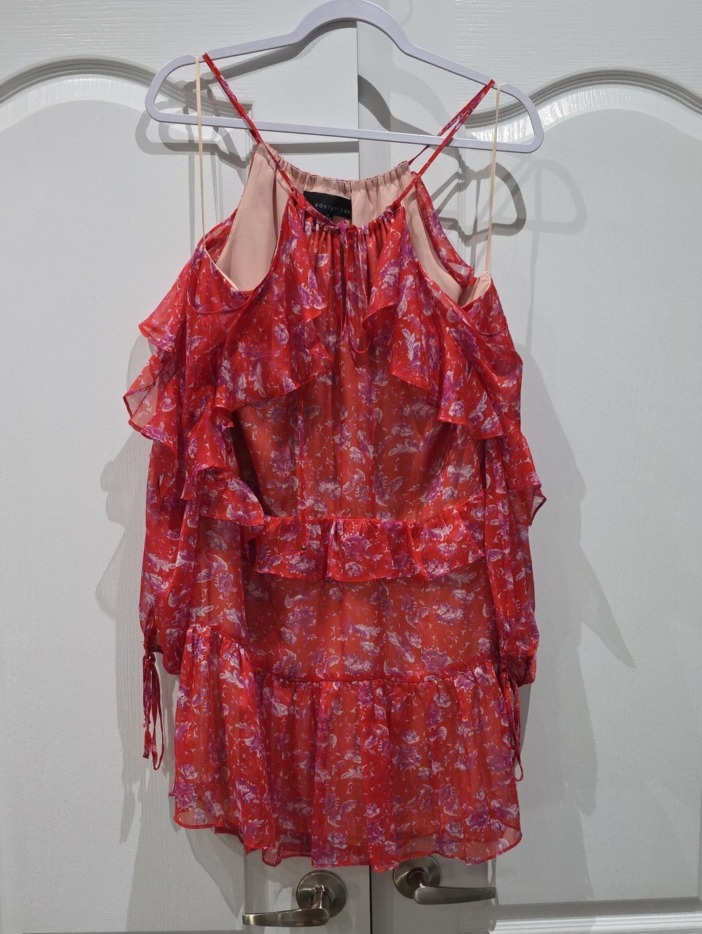 Adelyn Rae Red and Pink Floral Tie-Neck Dress